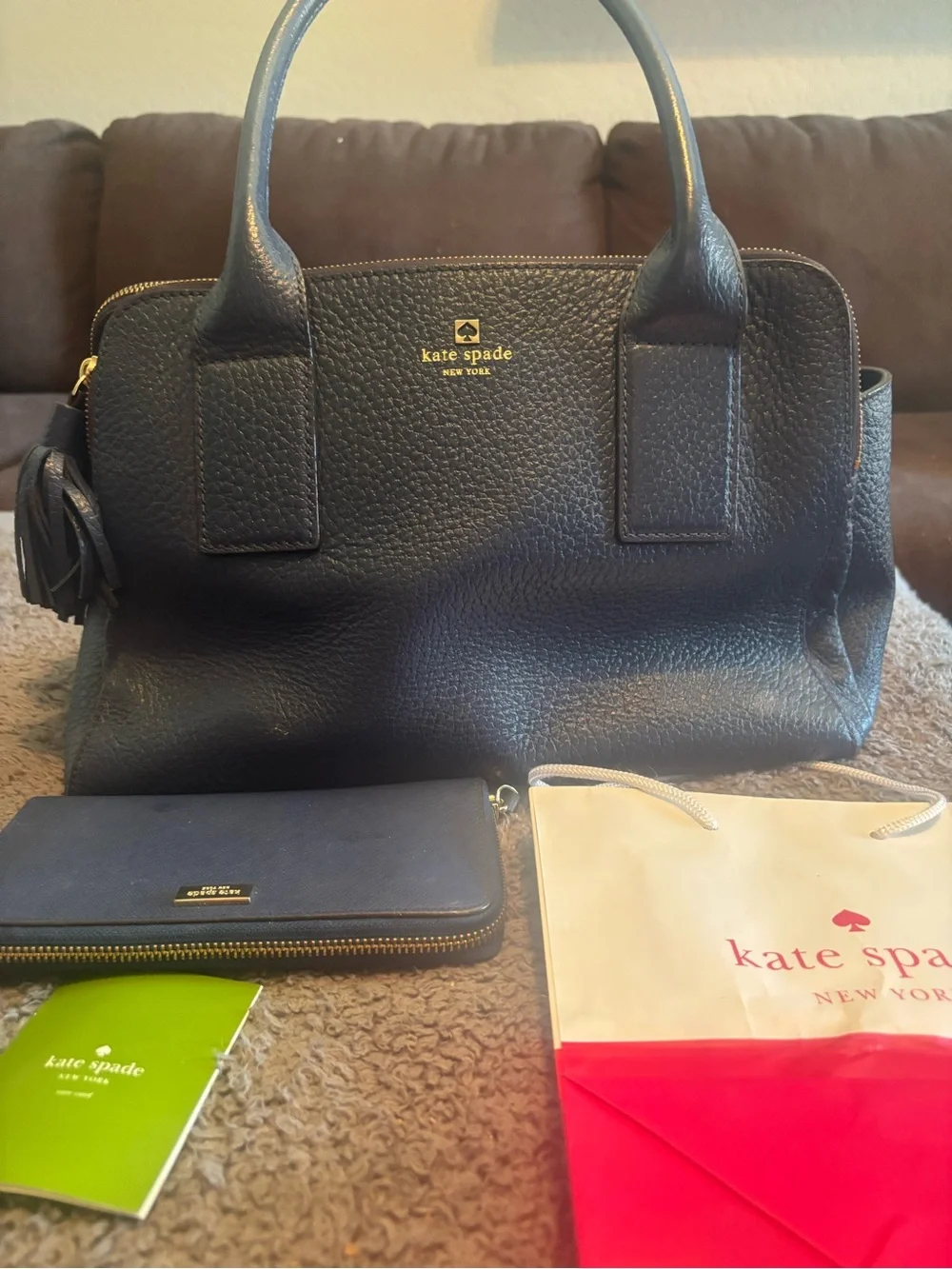 kate spade Black Pebbled Leather Satchel with Tassel Charm and Gold Logo